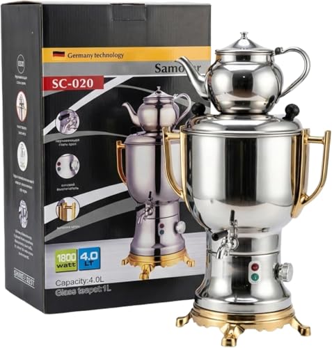 Electric Samovar Tea Maker, Stainless Steel with Gold Accents, 4L Capacity, 1800W, Hot Water Boiler Kettle Set