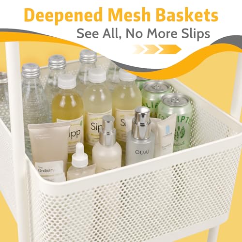 PLSOPPKG - 3 Tier Rolling Cart, Metal Storage Carts with Wheels, Craft Cart Organizer, Mesh Basket for Bed, Kitchen, Office, Art, Milky White