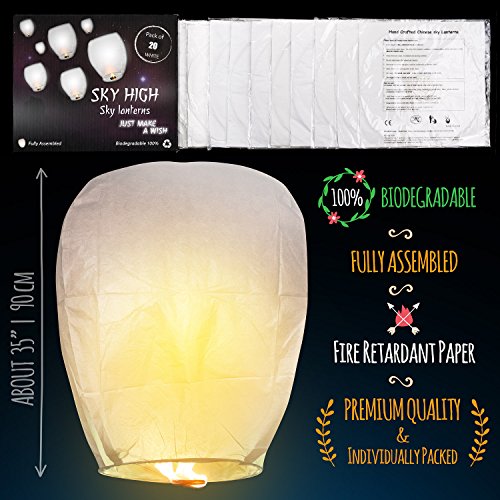 Chinese Lanterns 20-Pack White, Fully Assembled And Fuel Cell Attached Is 100% Biodegradable, New Designed Sky Lantern With Gift Box Coral Entertainments For Any occasion. (White)