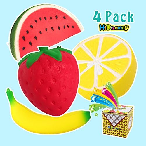 Jumbo Slow Rising Squishies, Squeeze Kawaii Charms Sweat Scented Squishy Toys-4 Pack Super Soft Fruit Squishy Toys Package- Strawberry Watermelon Banana Lemon,Cute Stress Relief Gift for Kids &amp; Adults