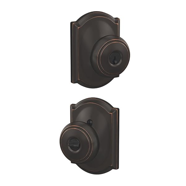 SCHLAGE F51A AND 716 CAM ANDOVER KNOB WITH CAMELOT TRIM KEYED ENTRY LOCK, AGED BRONZE