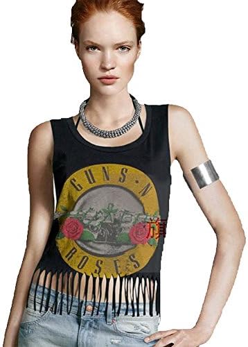 Vinteey Printed Tank Top T-shirt Sleeveless Guns N Roses Classic Fringe Tassels Casual Crop Top, Black, Medium