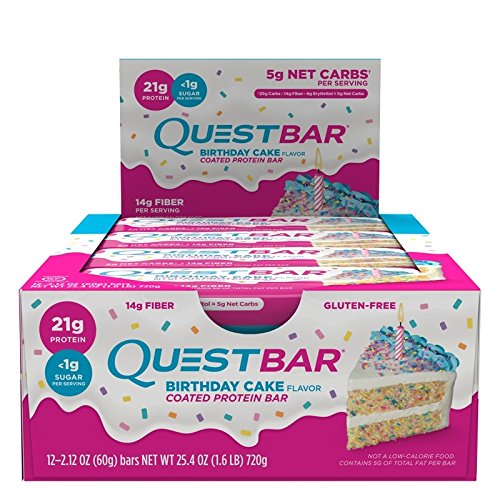 Quest Nutrition Protein Bar, Birthday Cake, 21g Protein, 5g Net Carbs, 180 Cals, 2.1oz Bar, 12 Count, High Protein, Low Carb, Gluten Free, Soy Free, Packaging May Vary