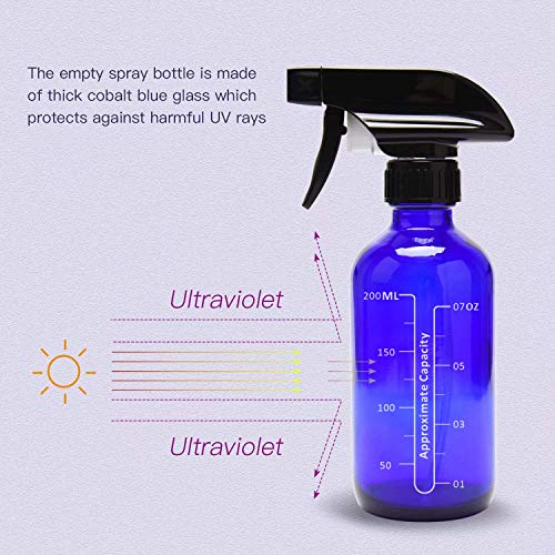 Empty Glass Spray Bottles 8oz ULG 6 Piece Boston Round Cobalt Blue Bottle Heavy Duty Black Trigger Sprayer Mist and Stream Settings Refillable Container with Scale for Essential Oils Cleaning Products