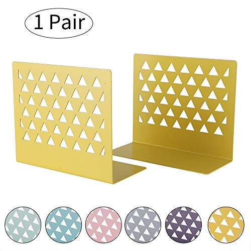 Yagote 1 Pair Desktop Bookends, Metal Hollow Book Ends Stand for Home Bedroom Decor Office Supplies (Yellow)