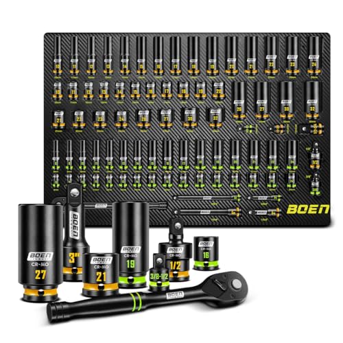BOEN Pro 80-Piece 1/2" & 3/8" Drive Impact Socket Set, 6 Point, Professional Metric Deep & Shallow Sockets (8-32mm), Cr-Mo, Includes 1/2" Drive 90-Tooth Ratchet Handle for High-Torque Applications