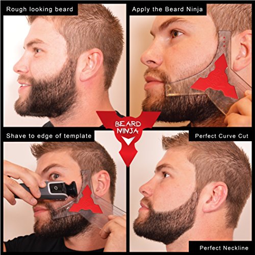 The BEARD NINJA - Beard Shaping Tool Template. Clear Shaper Guide for Lineup & Edging. Transparent Stencil Styling Goatee, Mustache & Neckline + Curve/Step or Straight Cut +Anti-Slip Grip (Red)
