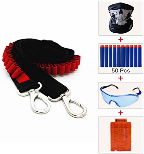 Kids Tactical Refill Darts Bandolier Kit(with Bullet Shoulder Strap+50pcs Blue Foam Darts+Protective Glasses+Seamless Skull Face Mask+Quick Reload Clip)for Nerf Toy Gun N-Strike Elite Series (RED)