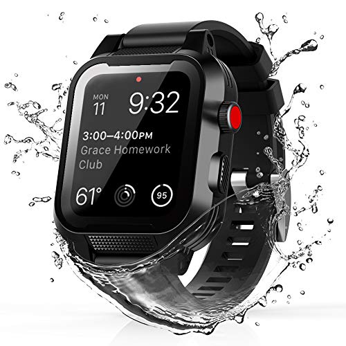Waterproof case for 38mm Apple Watch Series 3 & 2 Heavy Duty Shockproof Impact Resistant iWatch Sealed Case with Premium Soft Silicone Watch Band (Black, for Apple Watch 38mm Series)