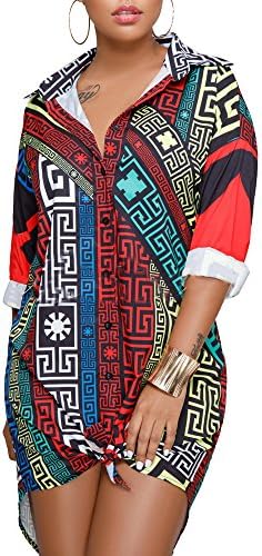 YouSun Women's Sexy Floral Print Button Down Middle Sleeve Collar Loose T-Shirt Blouse Tops Mini Dress, Multicolor, XXL