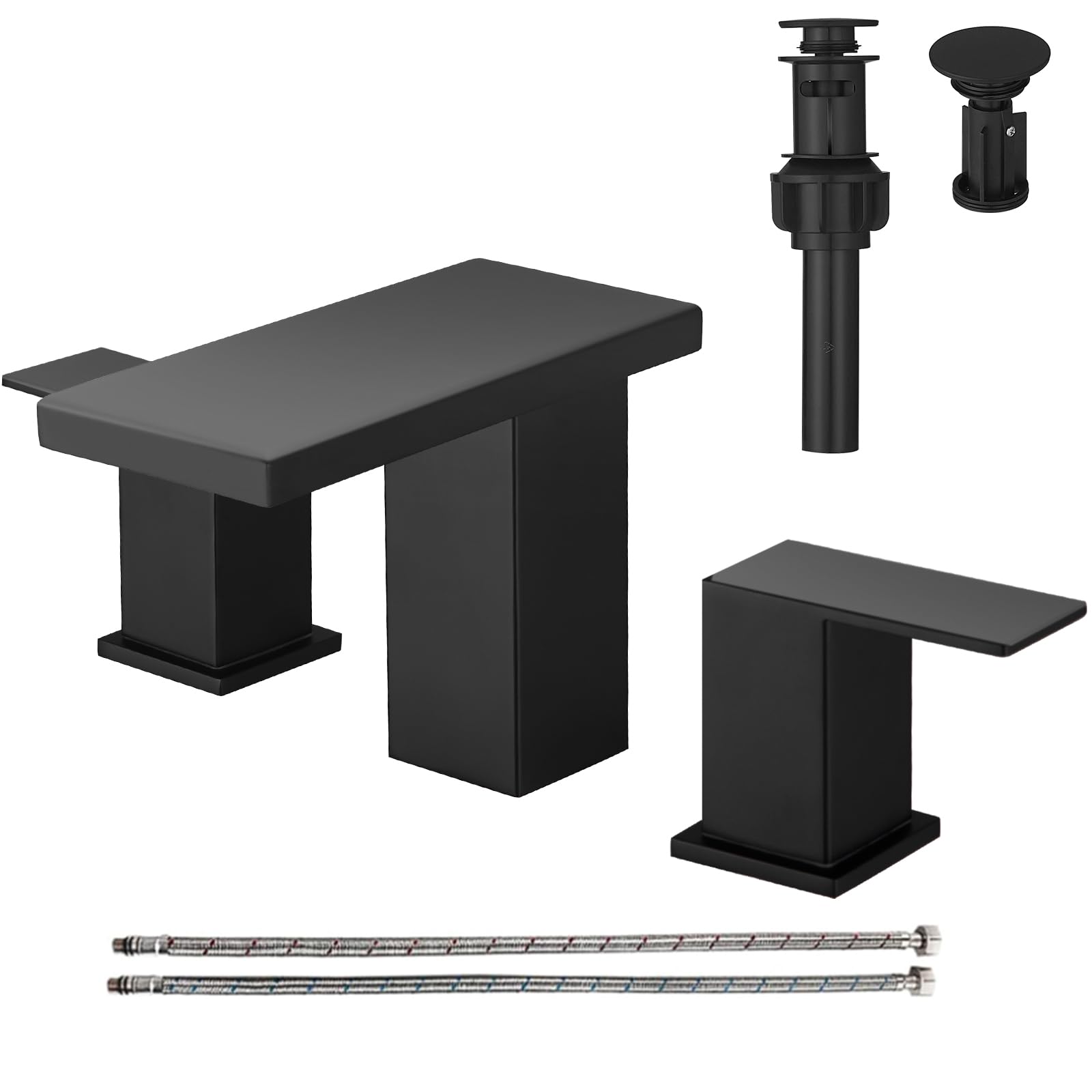 Photo 1 of Hoimpro 8 Inch Widespread Waterfall Bathroom Sink Faucet, Square Two Handle Vanity Black Bathroom Faucet with cUPC Supply Hose, 3 Holes Faucet with Pop Up Drain, Stainless Steel, Matte Black