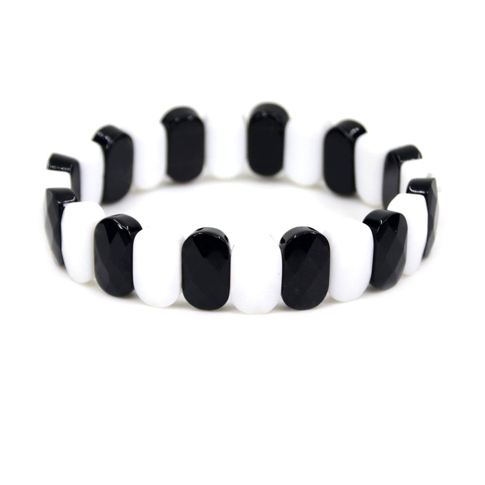 CHENYUE White Porcelain and Black Obsidian Gemstone 14mm Faceted Oval Beads Stretch Bracelet 7.5 Inch Unisex
