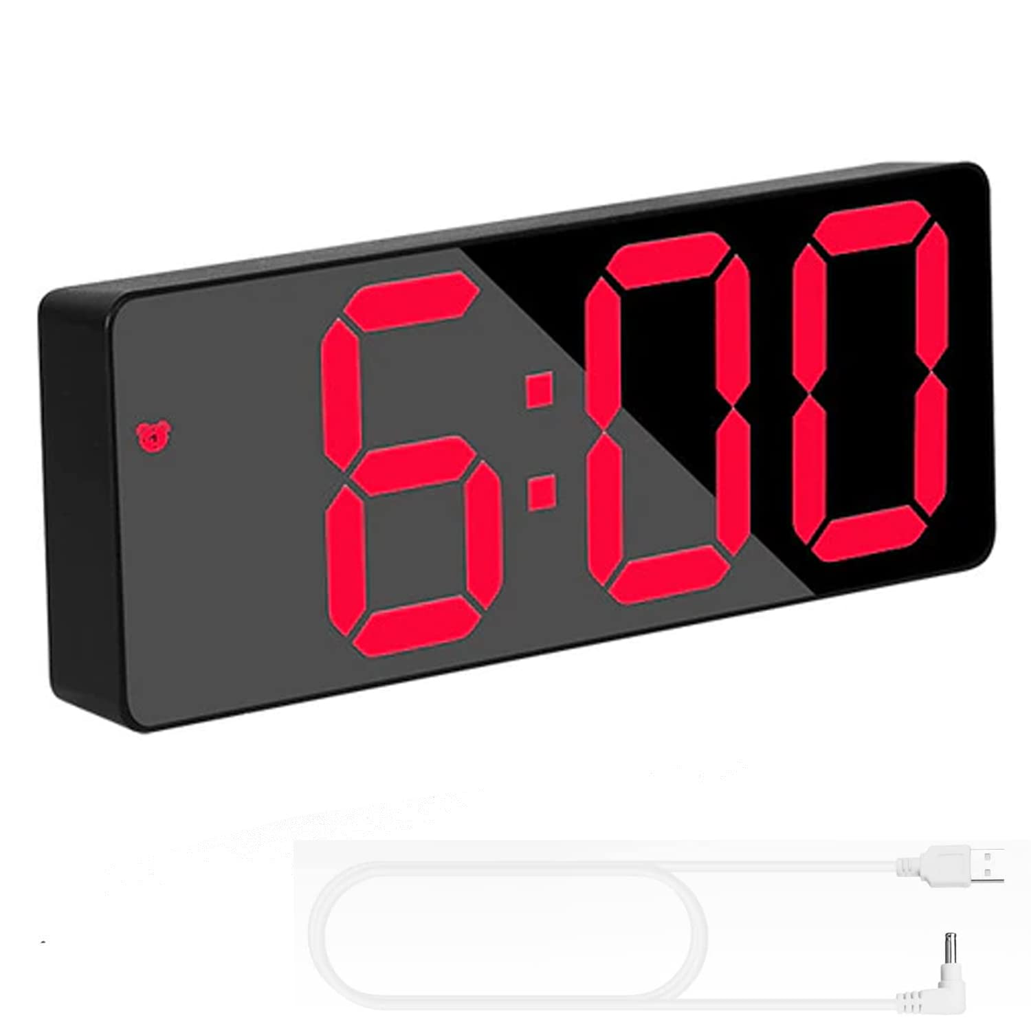 TriLine LED Digital Desk Clock, Bedside Acrylic/Mirror Large Screen Alarm Voice Control Snooze Time Date Temperature Display Night Mode (Red Numbers)
