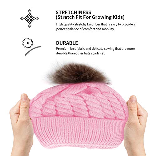 Baby Girls Boys Winter Beanie Hat Scarf Set Toddler Warm Knitted Hats Circle Scarf for Infant Newborn Winter Pom Hat Pink