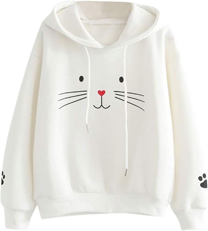 Red Ta Women Casual Cat Letter Print Long Sleeve Hoodie Sweatshirt, Ladies Kawaii Neko Pullover Top Blouse