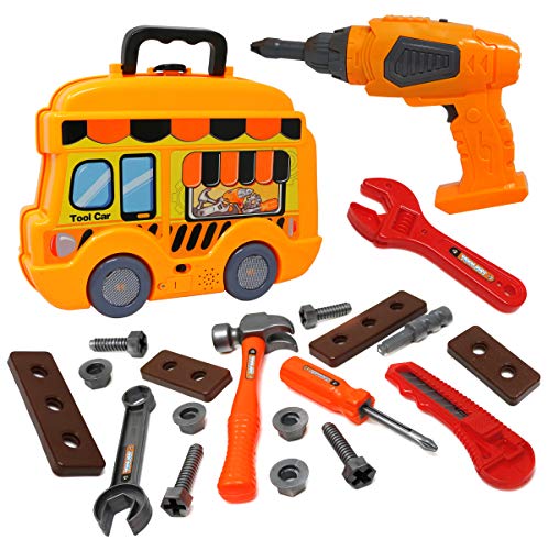 Smart Novelty Toy Tool Set for Kids and Toddlers Pretend Play Toy Tools for Boys and Girls - Awesome 25 Piece Kids Tool Box Great Or Birthday Gift in Unique School Bus Shaped Case