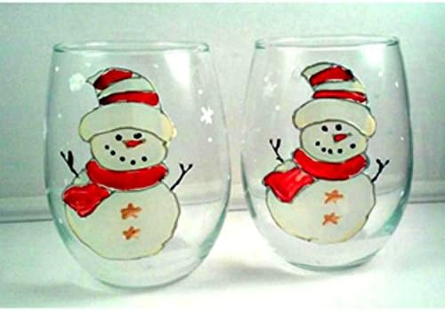 2 Red Hat Snowman Painted Stemless Wine Glasses