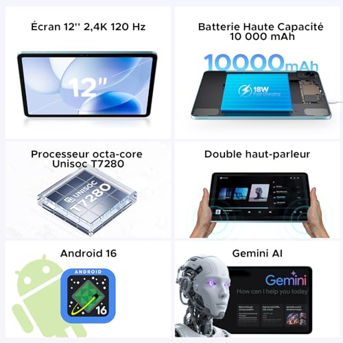 Luzglo P12 Android 16 Tablette 12 Pouces, 48Go RAM+128Go ROM/2To TF, T7280 Octa-Core, IPS 2.4K, 120Hz, 10000mAh/18W, WiFi5, 8MP+13MP, Gemini AI, Tablette avec Clavier, Face ID/OTG/GPS/FM