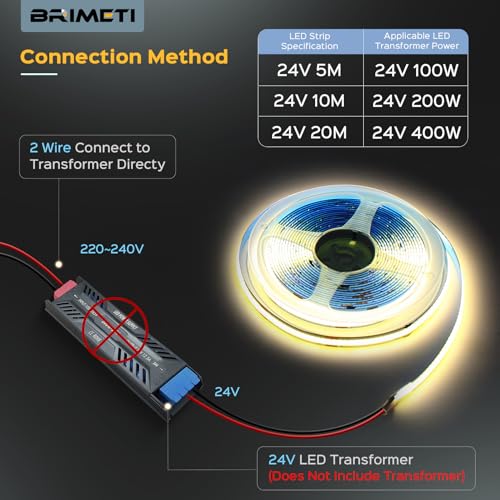 BRIMETI COB LED Strip 24 V 5 m LED Light Inner Tube Self-Adhesive 4000 K Natural White 320LEDs/M Strips Tape Width 8 mm for Kitchen, Living Room, Bar Parties (No Power Supply)
