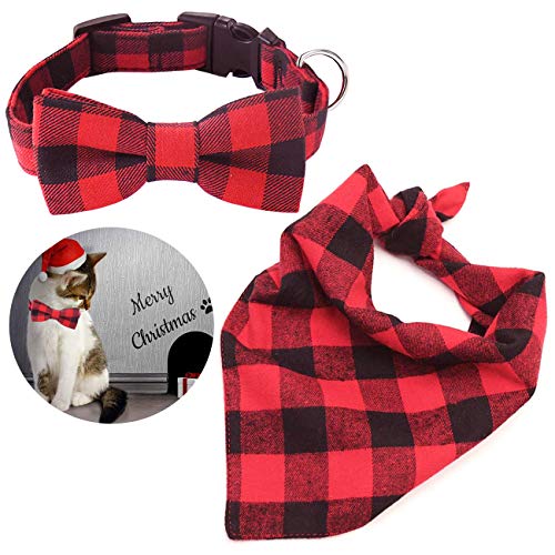 Malier Christmas Dog Bandana and Collar Set Plaid Pattern Dog Scarf Triangle Bibs Kerchief Adjustable Collars with Bow Tie Pet Costume Accessories Decoration for Cats Dogs Pets – Medium