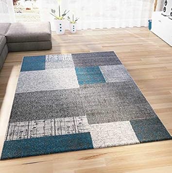 VIMODA Teppich Kurzflor in Türkis Blau Grau und Weiß Wohnzimmer Teppiche Modern Kachel-Optik Pflegeleicht, Maße:120x170 cm