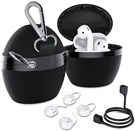 Airpods Case, AOPETIO EVA Protective Cover Shell Skin Storage Shockproof with Accessories Ear Hooks/Strap/Keychain/for Apple Airpods Travel - Black