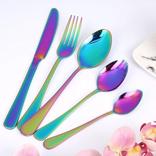 Wanxida 1 Set Colorful Romantic Dinner Set Rainbow Flatware Set Wedding Travel Cutlery Set Stainless Steel Dinner Knife Fork Soup Spoons Set