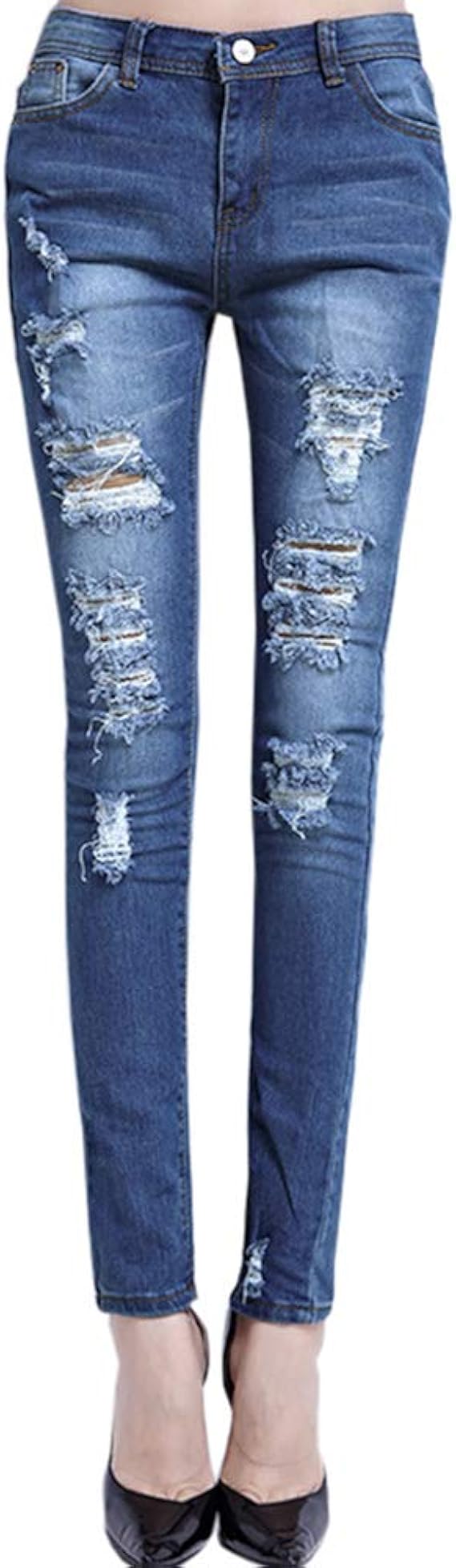 Amazon ダメージ スキニージーンズ テーパードデニム レディースファッション パンツ ストレッチ ロング 夏 ジーンズ 通販