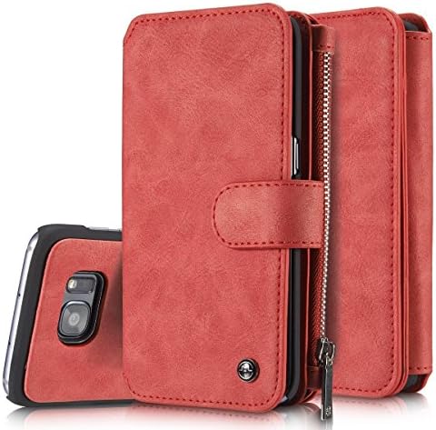 Samsung Galaxy S6 Edge Plus Wallet Case,AIOMAO Detachable Premium Leather Case,13 Card Slots,1 Photo Frame Zipper Magnetic Cover-Red