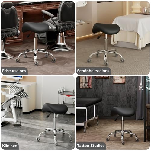 BEWISHOME Saddle Stool Height Adjustable, Saddle Stool with Wheels, 360° Swivel Stool, Roller Stool, Ergonomic Stool, Load Capacity 200 kg for Beauty Salons, Spas Salons and Clinics (Black)