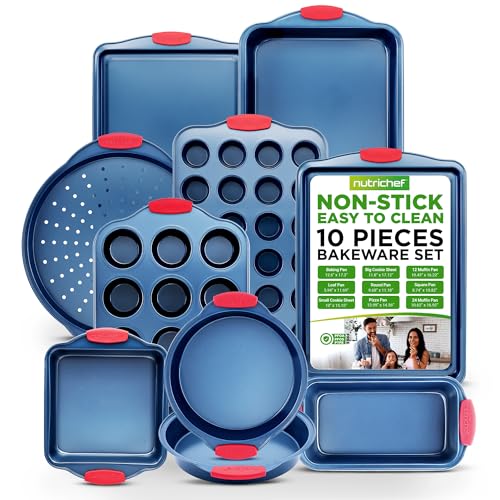 NutriChef 10-Piece Nonstick Bakeware Set - Premium Carbon Steel Baking Pans w/Silicone Handles - Includes Pizza Tray with Holes, 12 & 24 Cup Muffin Pans, Cookie Sheets, Round, Square & Loaf Pan - Blue