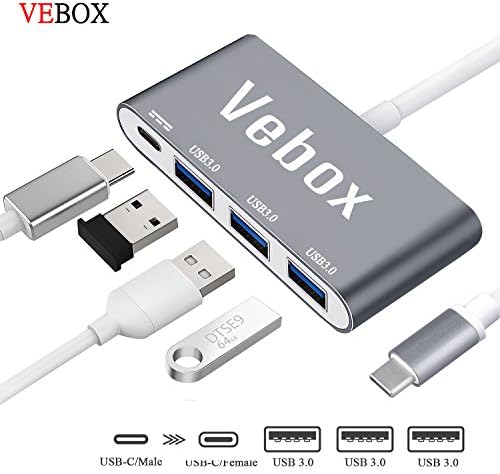 USB C Hub 4-in-1 Aluminum Adapter with Type C USB 3.0 Ports for New Apple MacBook 12"/New MacBook Pro 13" 15"ChromeBook Pixel Devices Nexus 6/6p and Other Type-C HUB Device by Vebox (Dark Gray)
