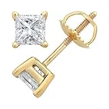 925 Sterling Gold Plated Finish (Screw Post) Backing 2.00 Carat Total Weight Cubic Zirconia Princess Stones 6.50mm 1.00 Carat Each