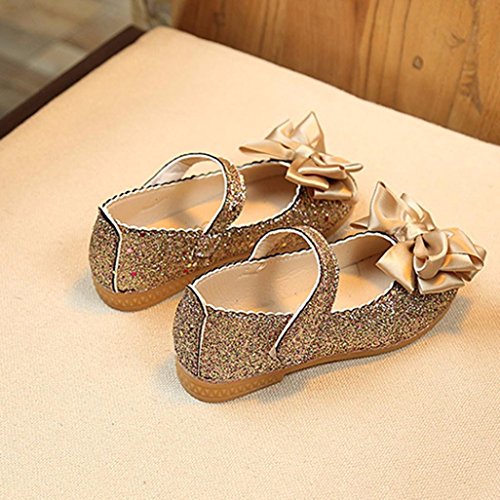 Minisoya Children Toddler Baby Girls Fashion Bling Glitter Princess Sandals Bowknot Dance Nubuck Leather Single Shoes (Gold, Age:4.5-5T)
