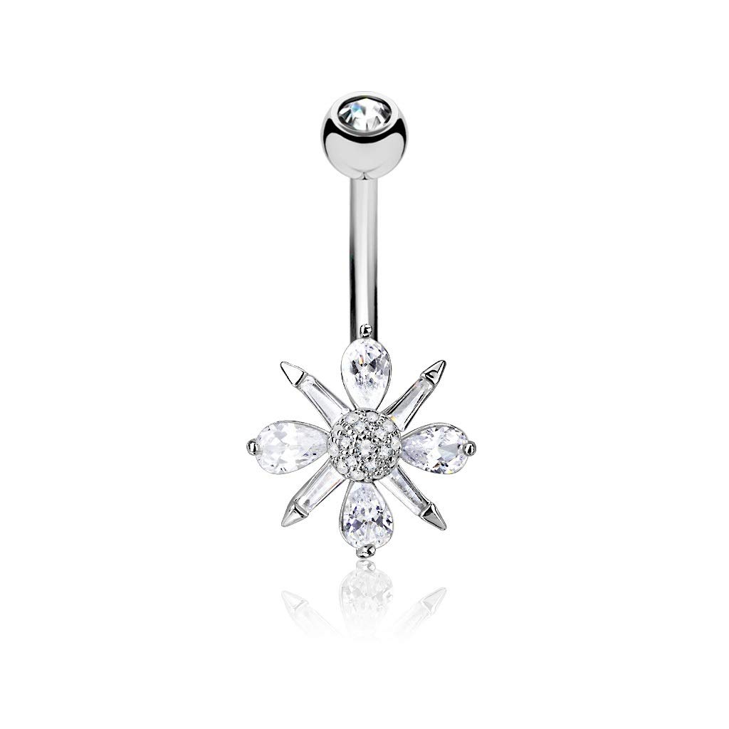 PiercedOff 316L Surgical Steel Belly Bar with Clear CZ Flower - Thickness 14GA (1.6mm) Length 10mm / Top Ball is 5mm and Flower Size is 14mm