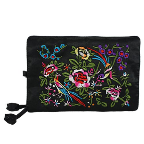 Dahlia Silky Embroidered Brocade Jewelry Travel Organizer Roll Pouch - Black