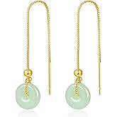 Hpoewre Threader Earrings for Women, Gold Plated Long Chain Earrings with Circle Jade Dangling, Round Natural Green Stone Pendant Tassel Earrings