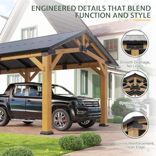 Jocisland 12'x24' Cedar Wood Hardtop Gazebo with Steel Roof, Waterproof Outdoor Carport Pavilion, Heavy-Duty Snow & Wind Resistant Canopy for Patio, Driveway, Garden