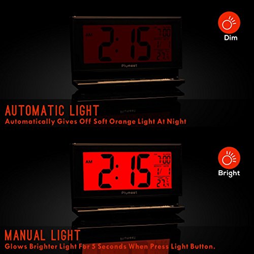 Plumeet Digital Alarm Clock with Auto-Night Light & Temperature, Snooze, Large LCD Numbers, Simple Setting, Battery Operated Only (Black)