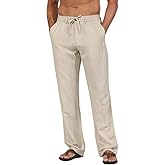 Soojun Men's Linen Beach Pants Lightweight Summer Pants with Drawstring
