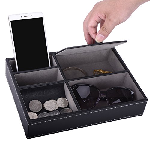 AUTOARK Leather 5 Compartments Valet Tray - Desktop Organizer for Keys,Coins,Wallet,Smartphone,Watches,Sunglasses and Accessories,Black,AW-028