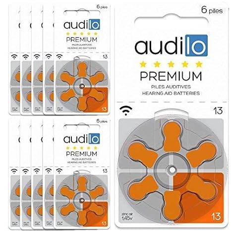 Audilo Hörgerätebatterie 13 Prämie (PR48) | Batterien für Hörgerät [Zink-Luft] [Ohne Quecksilber] [1.45V] 10 Karten von 6 Hör