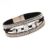 DDLBiz Women Fashion Crystal Beaded Multilayer Bangle Bracelet Leather Magnetic Wristband (Black)