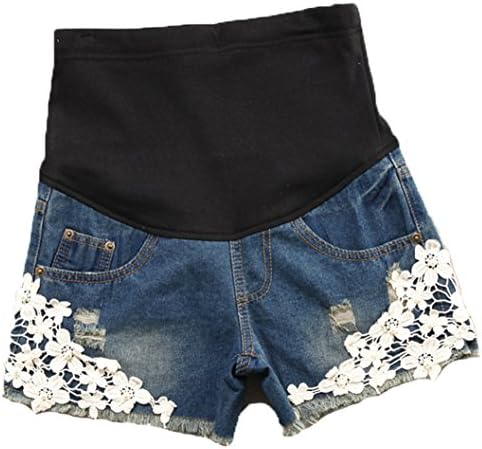 Happyyip Womens Summer Fashion Floral Lace Denim Elastic Waist Maternity Shorts (Asian Tag XL, Blue)