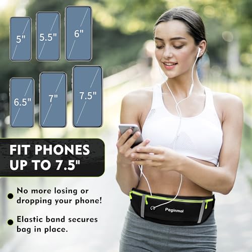 PEGINMOL Running Belt for Mobile Phone, Running Bag Jogging Waterproof Runner Waist Bag for Men and Women with 3 Pockets, Large Capacity Sports Belt, Adjustable Running Belt for Running (Black + Green)