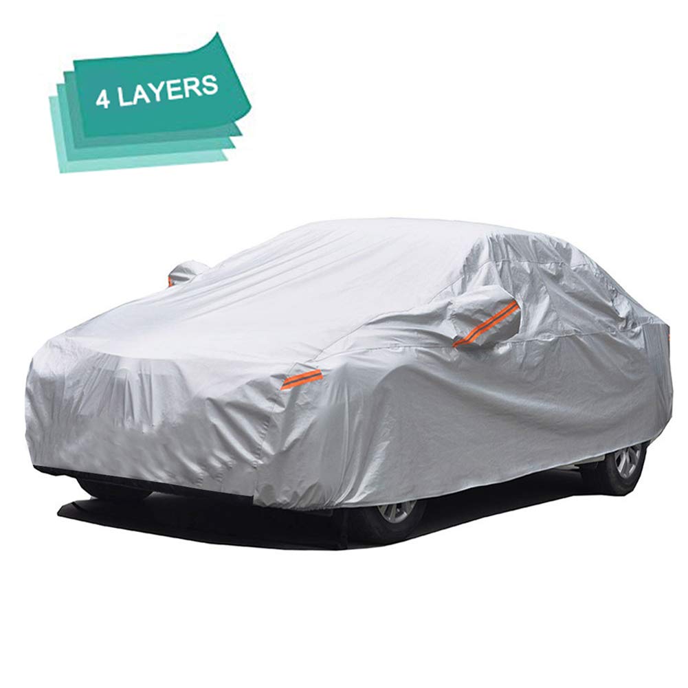 GUNHYI 4 Layer Car Cover Waterproof All Weather for Automobiles Outdoor Indoor, Sun Rain Snow Dust UV Protection, With Cotton and Mirror Pocket, Fit Sedan(Length 180-191 Inch)