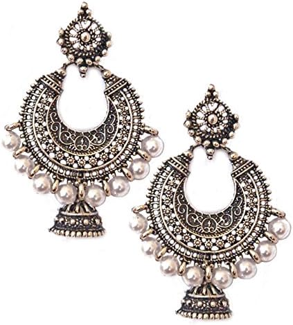 Pahal Traditional Tribal Oxidized Silver Gold Jhumka Earrings White Pearl Indian Bollywood Bridal Jewelry Set