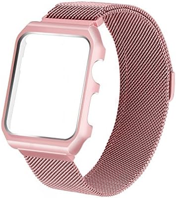 Apple Watch Band 38mm Magnetic Clasp Mesh Milanese Loop Stainless Steel iWatch Band with Metal Case Shockproof Protective Bumper for Apple Watch Series 3 2 1 Sport and Edition, Rose Gold