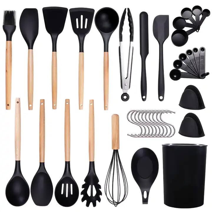 All-in-one Kitchen Utensils Set - 32 Cooking Utensils Set, Silicone & Wooden Kitchen Tool Set - Heat Resistant & Non-Stick Kitchen Gadgets Set, Wooden Handle Durable Silicone Kitchen Set