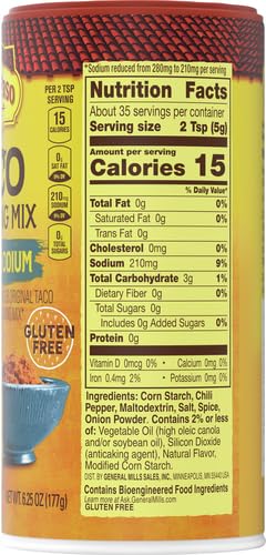 OLD EL PASO TACO SEASONING, 25% LESS SODIUM, LARGE SIZE, 6.25 OZ.